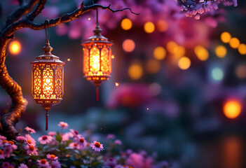 Islamic Festival Ramadan Lanterns on Tree Branches with Beautiful Bokeh