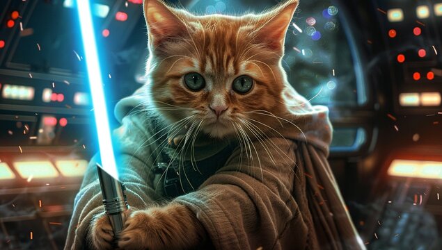 An orange tabby kitten, dressed in a Jedi robe, wields a bright blue lightsaber.  A futuristic backdrop adds to the fantastical scene.