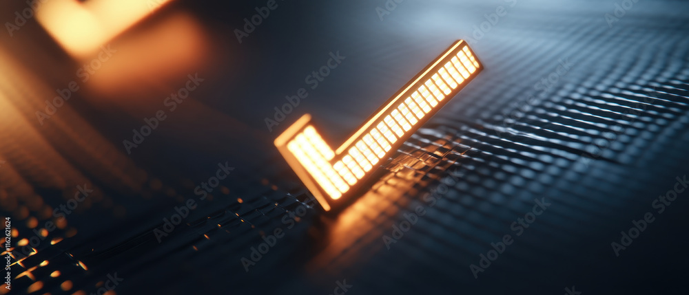 Poster glowing checklist tick mark on textured surface, symbolizing completion and success