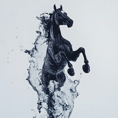 Jumping horse formed by black and grey ink droplets in water