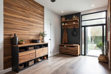 Modern Foyer Design With Acacia Wood Storage Unit And Brick Wall Panel