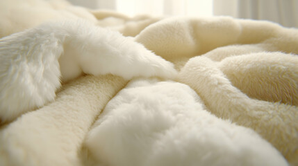 Luxurious cream and white faux fur blanket, soft texture, close-up shot, home decor, cozy feeling.