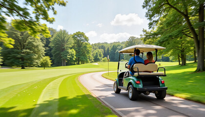 Couple enjoying a ride on a golf cart in sunny park
