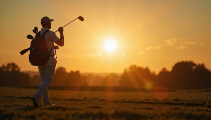 Fototapeta premium Golfer swinging club at sunset on golf course