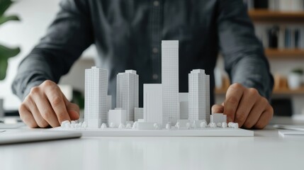 person is working on white architectural model of cityscape, showcasing various buildings and structures. scene conveys sense of creativity and design in office environment