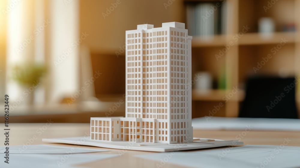Poster detailed architectural model of skyscraper displayed on desk, showcasing modern design elements and 