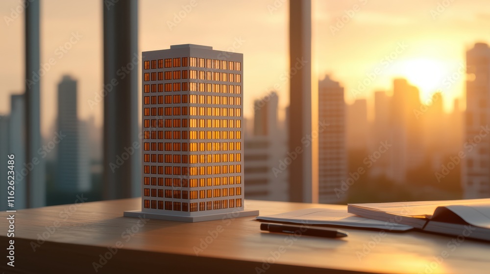 Poster detailed model of skyscraper on desk, illuminated by sunset. warm light enhances architectural featu