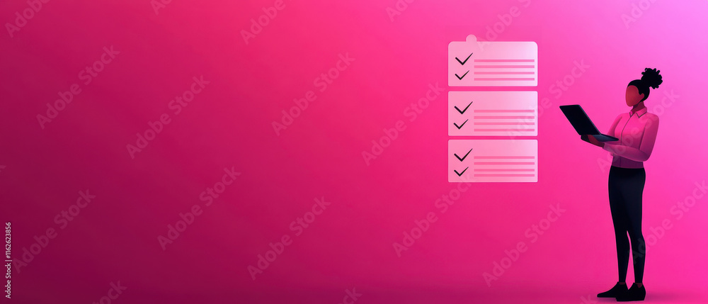 Poster professional woman interacting with holographic checklist interface, illuminated with correct marks,