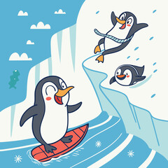 A fun cartoonish penguin colony playing on icy cliffs, diving, and sliding in a vibrant blue and white Arctic winter scene.