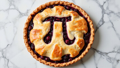 Blueberry pie with Pi symbol design on marble background, Pi Day theme