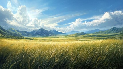 Serene Grassland Landscape Under a Blue Sky