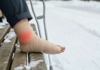 Bandaged ankle resting on a bench in a snowy winter setting, highlighting the concept of injury and recovery
