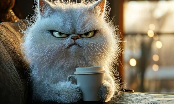 A grumpy fluffy cat glaring intensely while holding a cup of coffee, creating a humorous vibe