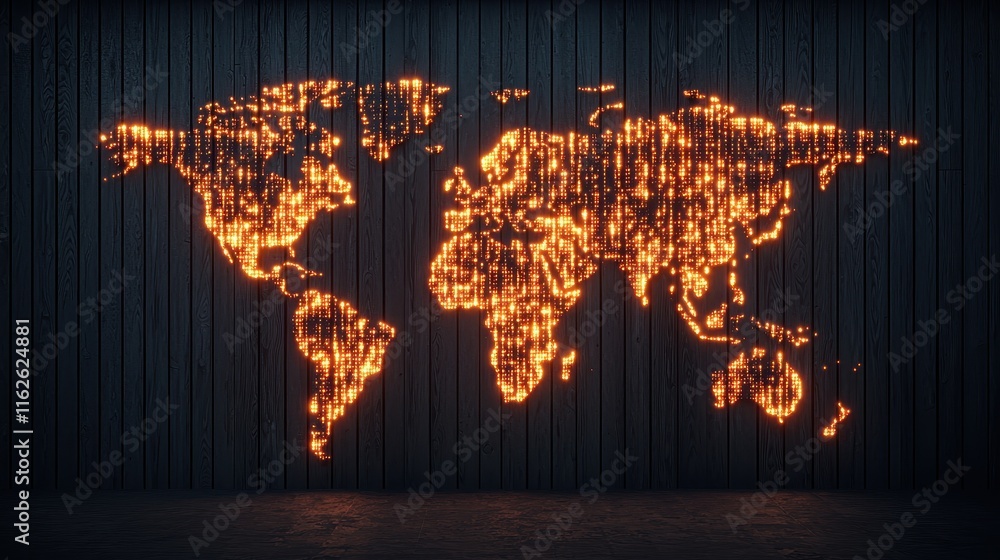 Poster illuminated world map design on wooden background for creative use