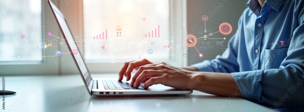 Aufkleber Person working on laptop with data exchange code. Modern software developer focuses on data processing. AI, digital technology concepts illustrated on screen. Person uses laptop for business data