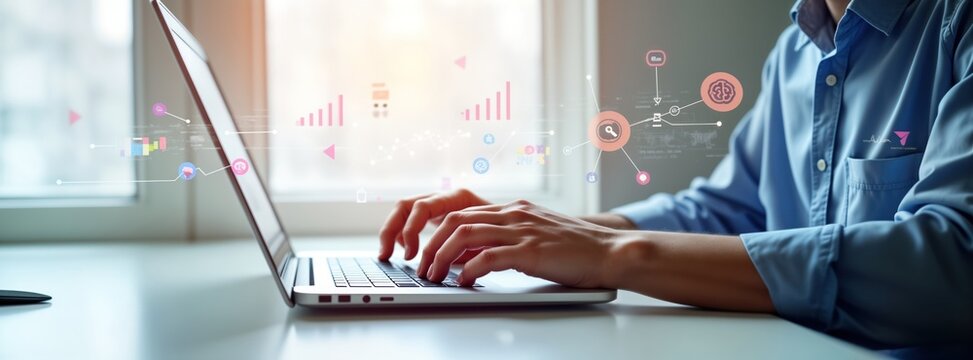 Person working on laptop with data exchange code. Modern software developer focuses on data processing. AI, digital technology concepts illustrated on screen. Person uses laptop for business data
