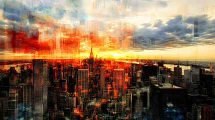 Dramatic sunset over New York City skyline, painted style, urban landscape, fiery colors.