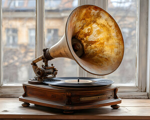 Antique gramophone with large horn, playing a vinyl record by a window.  Rich textures and vintage aesthetic.
