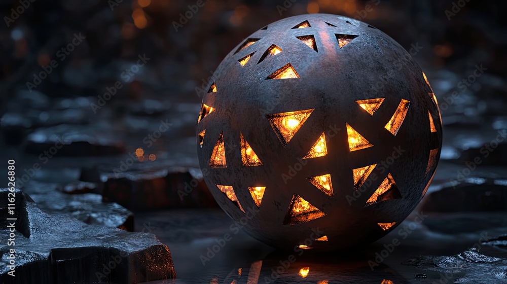Poster illuminated sphere with triangular cutouts rests on dark rocks