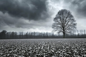 Dramatic black and white landscape photo of a lone tree in a plowed field under a stormy sky.  A sense of solitude and vastness is conveyed.