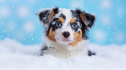 Adorable australian shepherd puppy in snowy winter wonderland scene