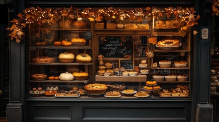 A bakery window artfully displays a variety of autumn-themed pies, flanked by pumpkins and fall leaves, showcasing an inviting, rustic charm and seasonal warmth.