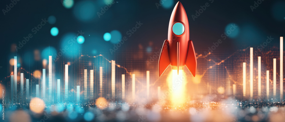 Poster rocket launch symbolizing wealth and investment acceleration with vibrant colors and dynamic graphs