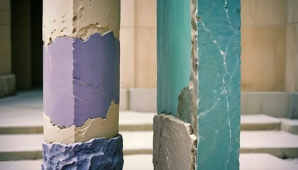 Una columna de piedra verde con un bloque de piedra violeta y blanco encima, sobre un fondo beige