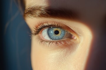 Macro shot of a womana??s soft sky blue eye, with light gradients and visible fine details in the iris, captured in