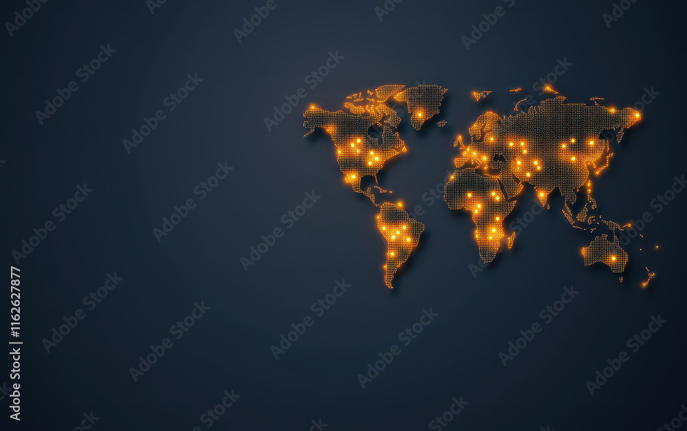 Poster dynamic world map with glowing network lines and bright nodes, showcasing global connectivity and te