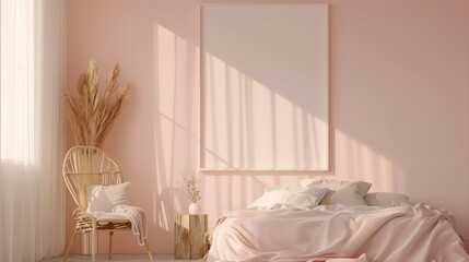 Elegant modern pink bedroom interior with cozy bedspreads, stylish decor and lighting for a modern home design and layout.