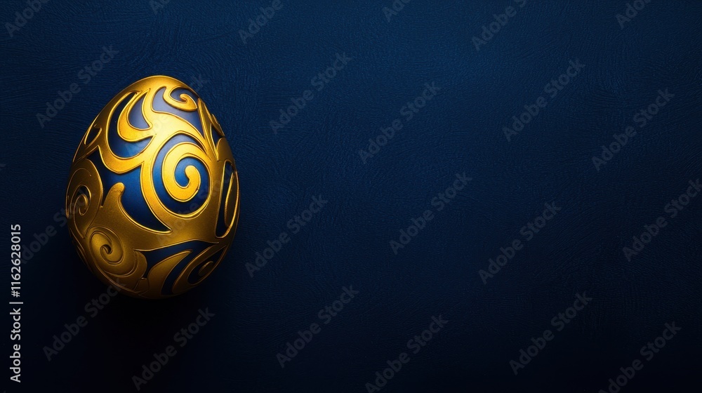 Poster golden decorative egg with intricate swirl patterns on dark background