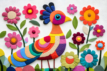 Vibrant, whimsical textile art depicting a colorful bird amidst a garden of equally bright flowers.  Perfect for home decor, children's books, or craft projects.