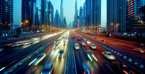 Fototapeta premium Light flow of traffic on a evening highway in a city with modern high buildings