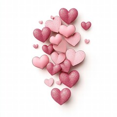 Obraz premium A collection of pink decorative hearts scattered on a white background, symbolizing love and affection.
