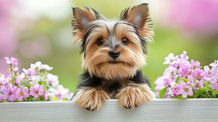 Adorable yorkshire terrier behind flower box in spring garden setting