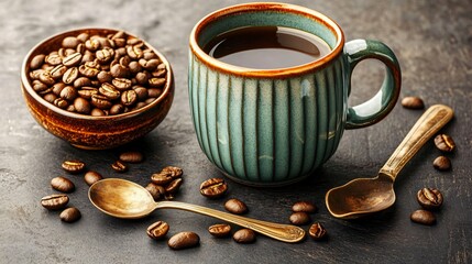 Fototapeta premium Aromatic Coffee Cup Beans Still Life Photography