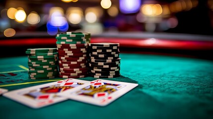 Pile of colorful poker chips and playing cards arranged on a green casino table, highlighting the lively atmosphere typical of a bustling casino environment.