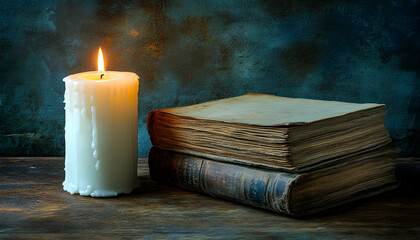 A lit candle beside aged, antique books on a rustic wooden surface against a textured teal backdrop; evoking feelings of history, knowledge, and quiet reflection.