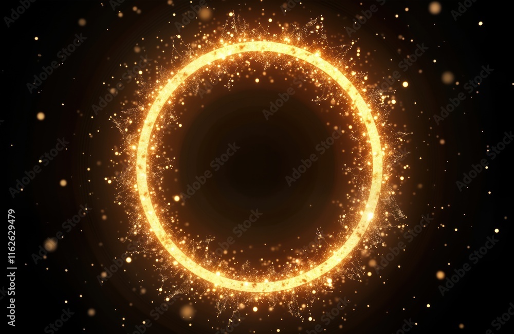 Poster Golden glitter circle frame with sparkling particles on black background. Glowing light design with bright energy. Creative abstract illustration. Shiny circle, sparks shine bright. Gold circle frame