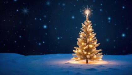 Festive Christmas tree decorated with warm lights stands in snowy landscape under starry night sky. Winter scene with snow-covered ground. Perfect for holiday cards. Illuminated tree glows warmly.