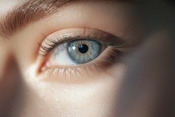 Macro shot of a womana??s pale blue-gray eye, with delicate iris textures and subtle reflections, captured in