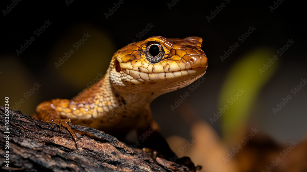 Poster close-up of a vibrant lizard on a tree branch in a natural setting during daylight