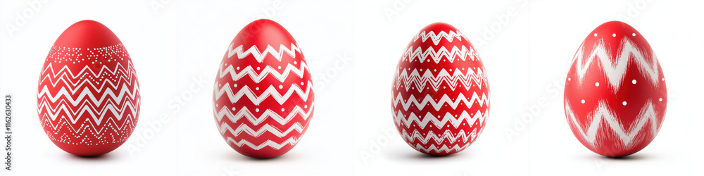 Poster four decorative red eggs with intricate white patterns displayed in a row, showcasing festive design