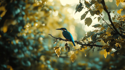 Obraz premium Vibrant kingfisher perched on a branch in a serene forest during twilight hours