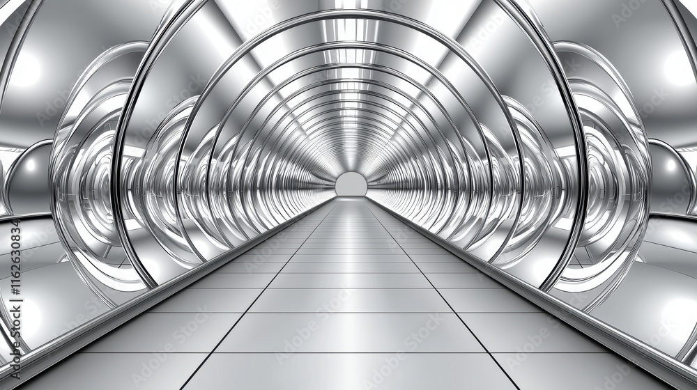 Poster futuristic metallic tunnel with circular glass structures