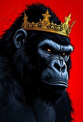 Obraz premium Majestic Gorilla King Golden Crown Red Background Dark Art