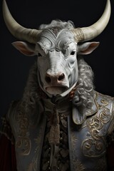 front view of a anteloppe full portrait from top and bottom, with long horns on the head, bullfighter costume, gray background