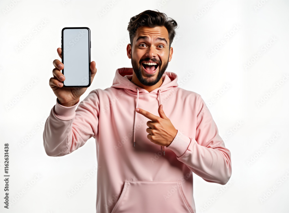 Aufkleber handsome man in pink hoodie presents empty smartphone screen. excited, pointing at screen. studio sh