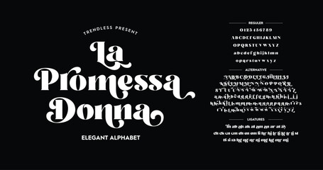 La Promessa Donna: Classic typography serif font. Uppercase, lowercase, ligatures, ampersand, alternative, and number. Vector illustration word. Lettering Minimal Fashion Designs Romance Elegant. 